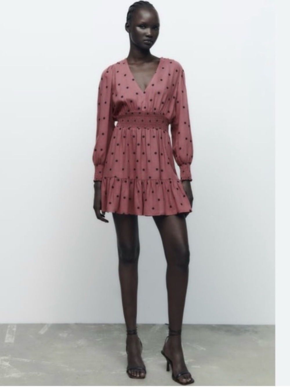 Zara S Smocked Waist Long Sleeve Mini Dress in Dusty Rose with Dot Print BNWT